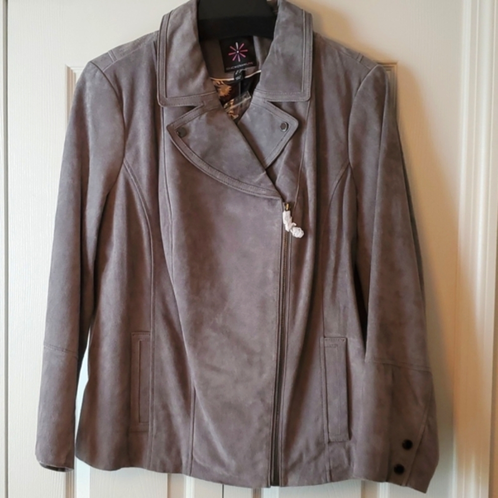NWT Issac Mizrahi Gray Suede Moto Jacket Size 24